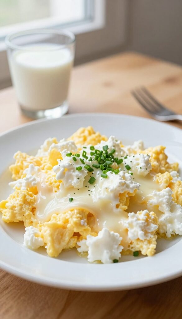 Fluffy scrambled eggs with cottage cheese on a white plate, garnished with chives, in natural light.