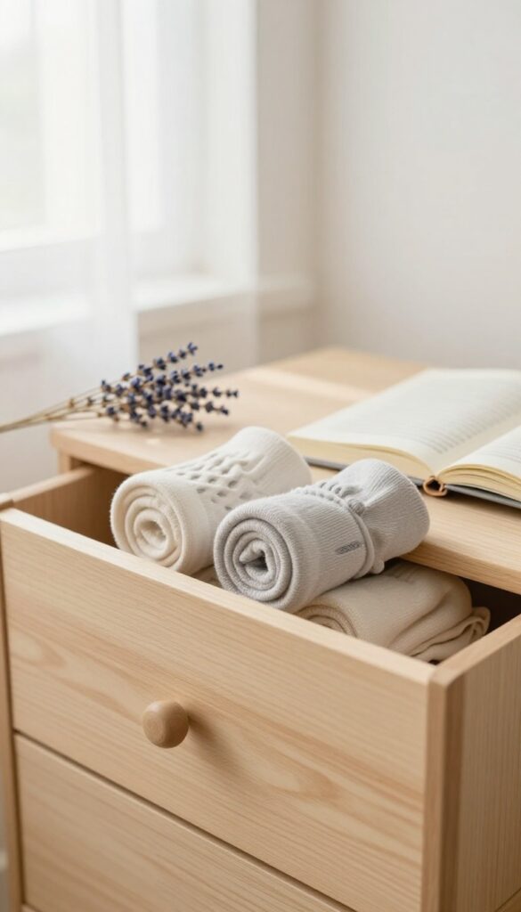 A neatly organized drawer with rolled socks, a journal, and dried lavender in soft morning light.