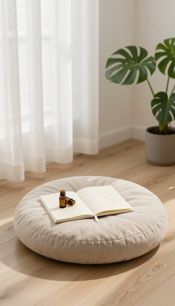 Mindfulness and meditation basket with cushion, essential oil roller, journal, and playlist card in a calm, natural light setting