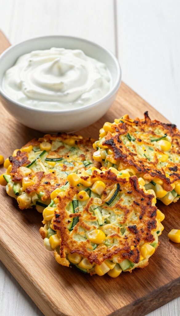 Baked zucchini and corn fritters with yogurt dip on a wooden board