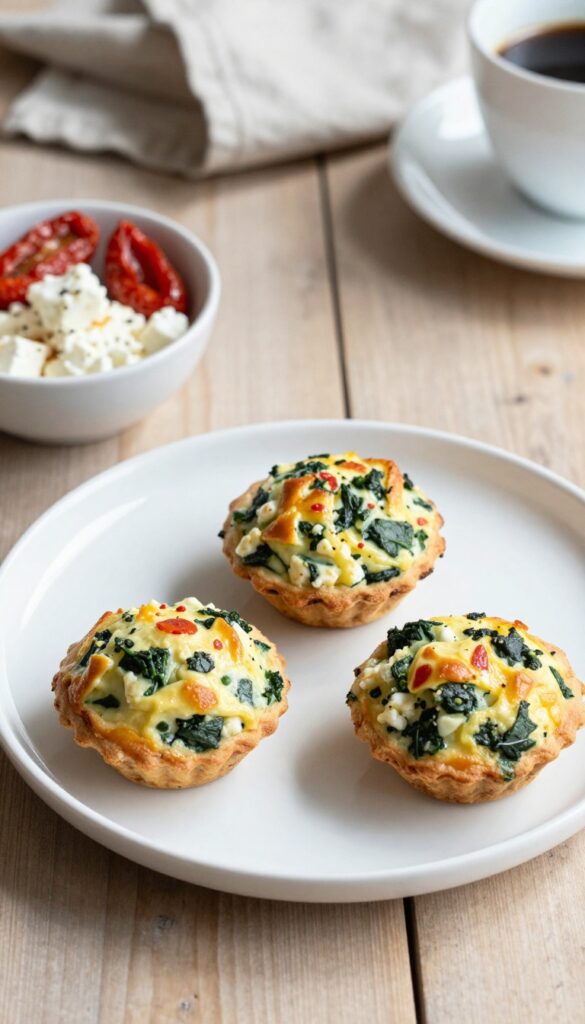 Spinach and feta egg muffins on a plate with feta and sun-dried tomatoes, brunch setting