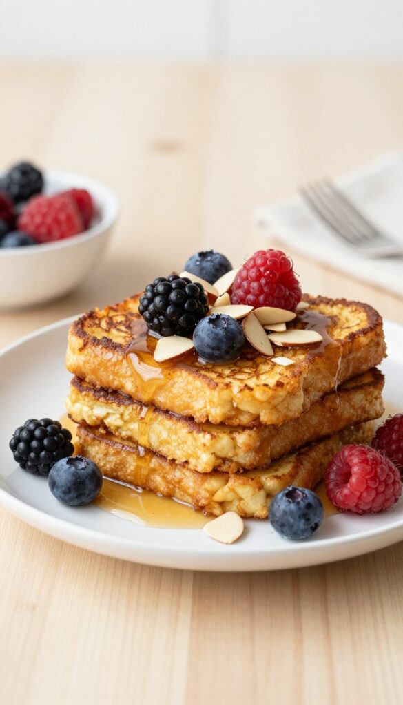 Vegan banana French toast topped with berries and almonds, drizzled with maple syrup on a white plate.