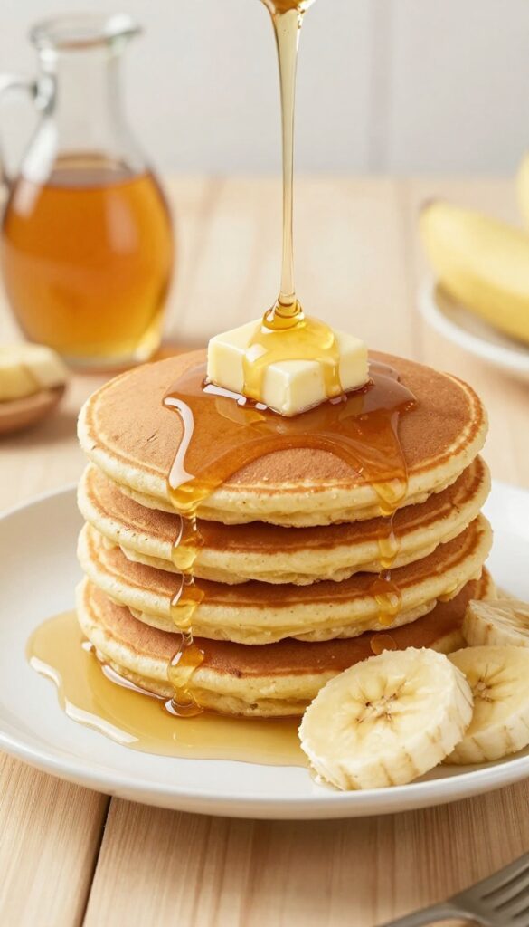Stack of banana oat pancakes with maple syrup and banana slices