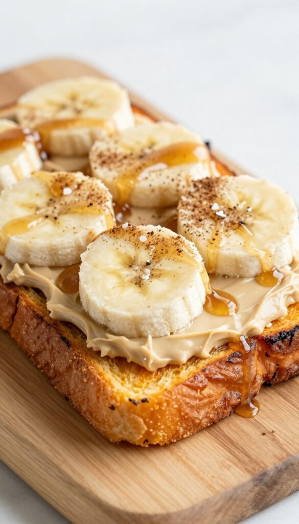 Sweet potato toast with almond butter and banana slices, drizzled with honey and sprinkled with cinnamon and sea salt, on a wooden board.