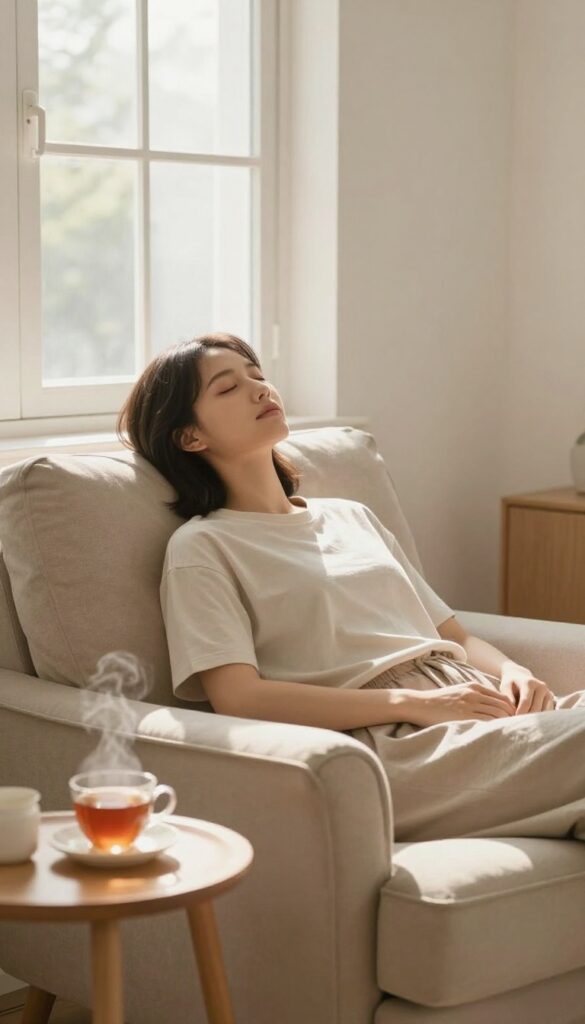 Person sitting in a cozy armchair, eyes closed, enjoying a peaceful moment of stillness in a sunlit room