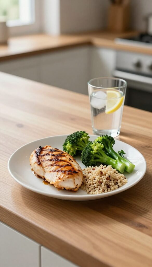 Balanced meal of grilled chicken, broccoli, and quinoa with a glass of water on a kitchen counter