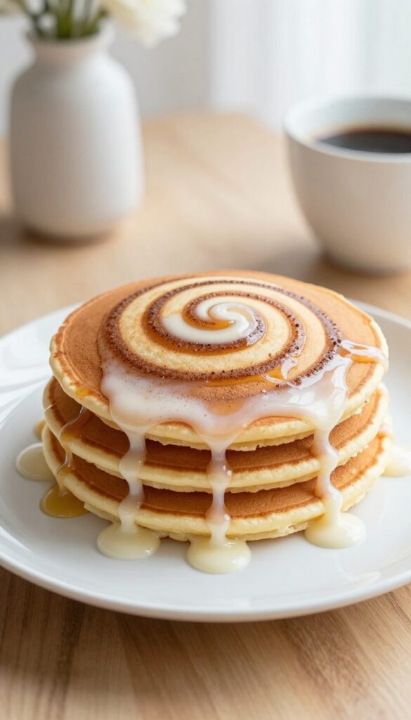 Stack of cinnamon roll pancakes with cream cheese drizzle on a plate in natural morning light.