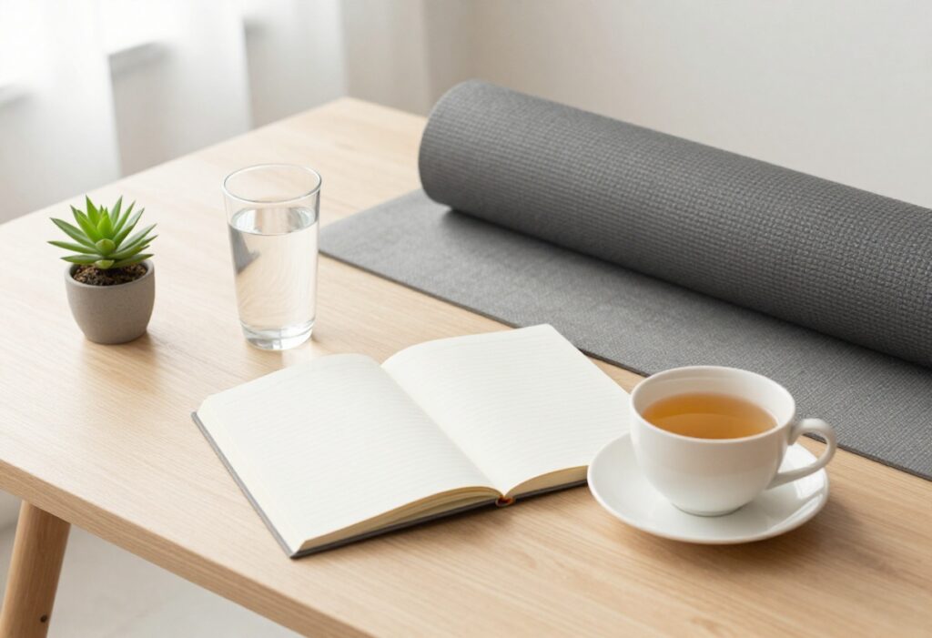 Flat lay of self-care items including water, yoga mat, book, notebook, tea, and plant on a wooden table in soft morning light.