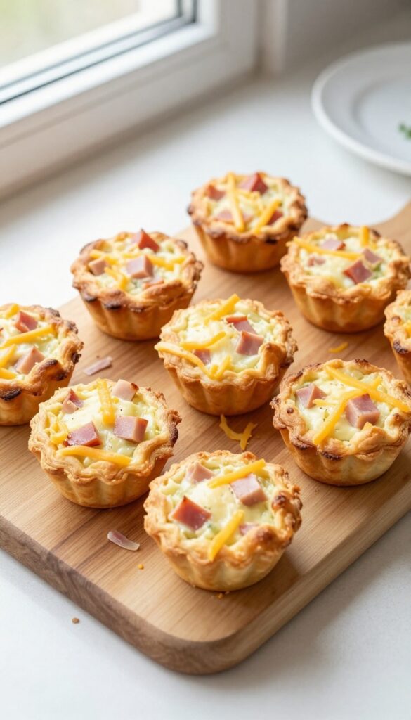 Golden-brown ham and cheese mini quiches on a wooden board, bright natural light, photorealistic food photography.