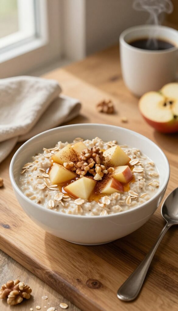 Bowl of apple cinnamon oatmeal with diced apples and walnuts on a wooden table