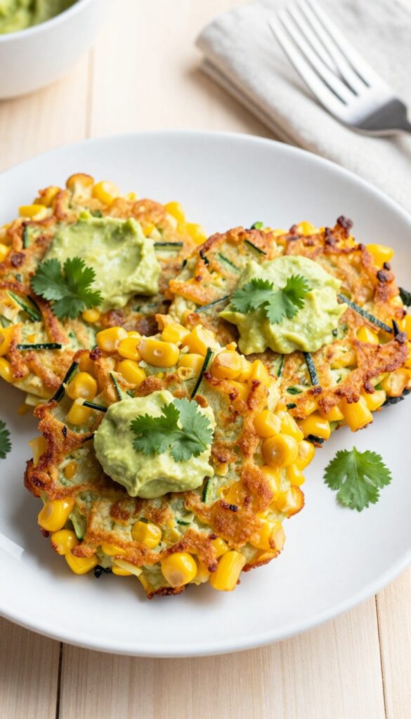 Zucchini and corn fritters with avocado crema on a plate