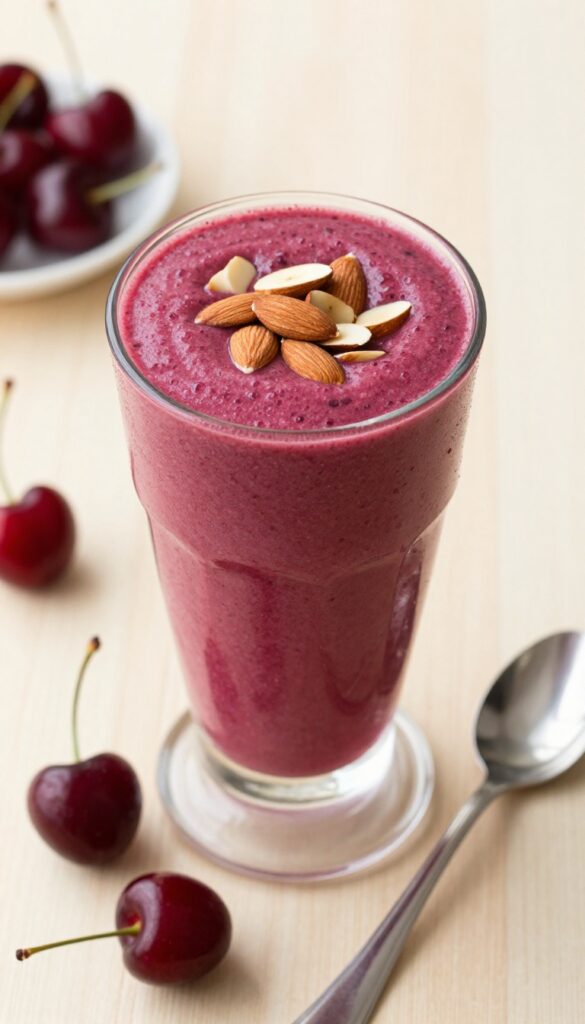 Creamy cherry almond smoothie in a glass with sliced almonds and fresh cherries on a wooden table
