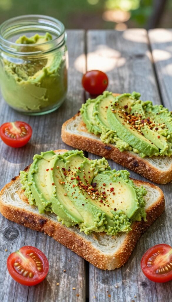 Avocado toast with pre-mashed avocado, cherry tomatoes, and seasoning on a wooden board outdoors in morning light.