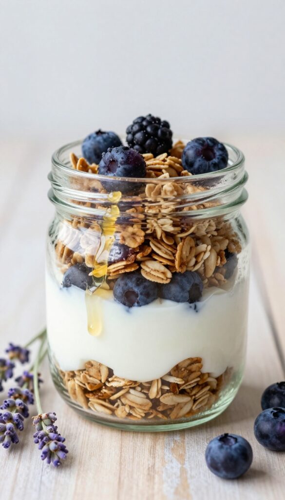 Overnight yogurt parfait with lavender honey and berries in a jar on a wooden table