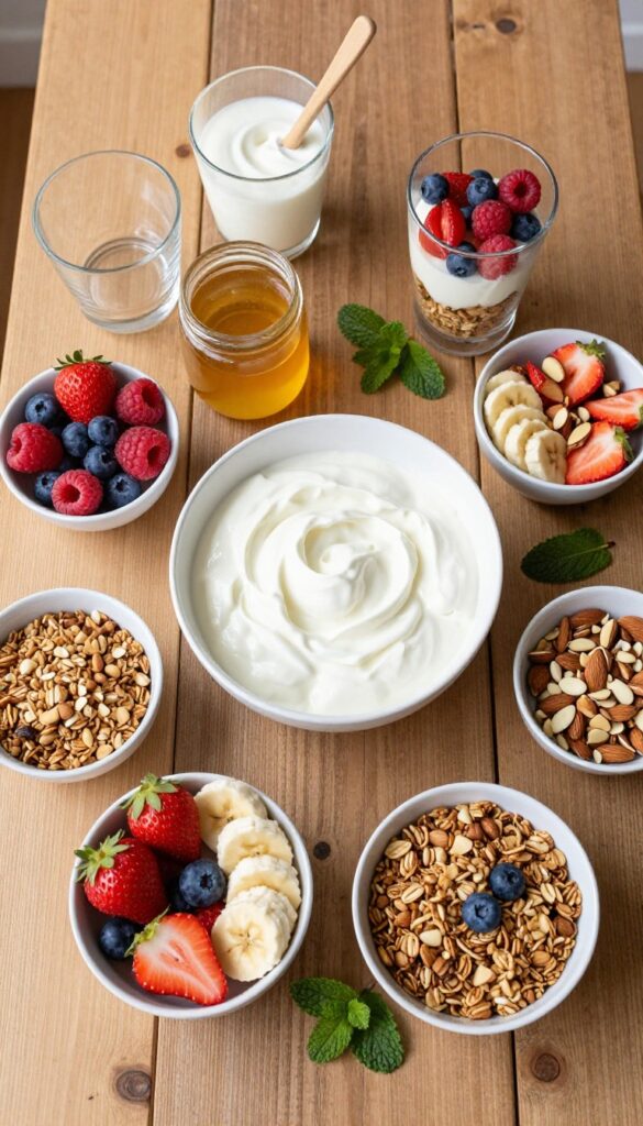 Greek yogurt parfait bar with granola, berries, bananas, honey, and nuts on a wooden table