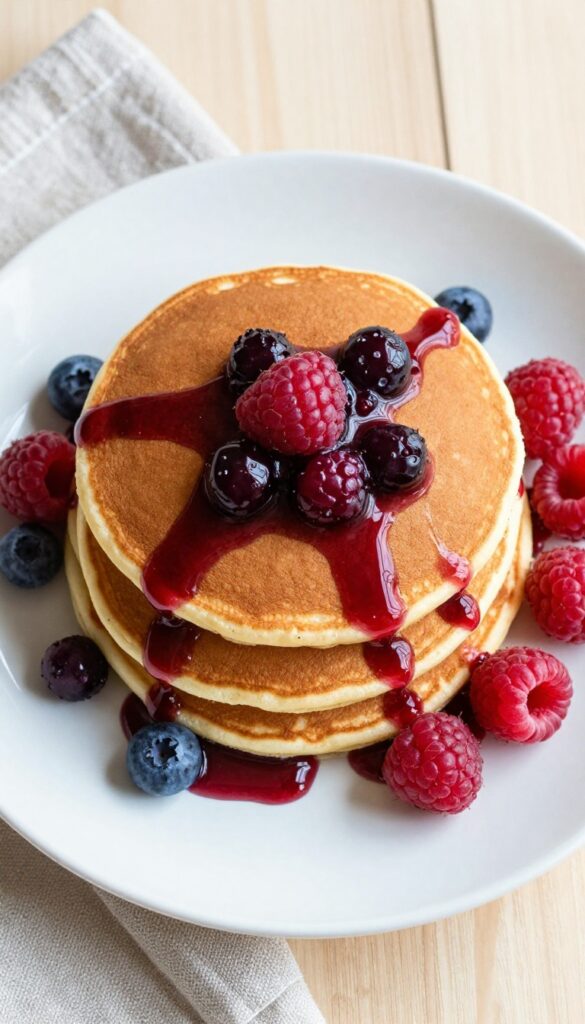 Stack of coconut flour pancakes with sugar-free berry syrup on a plate