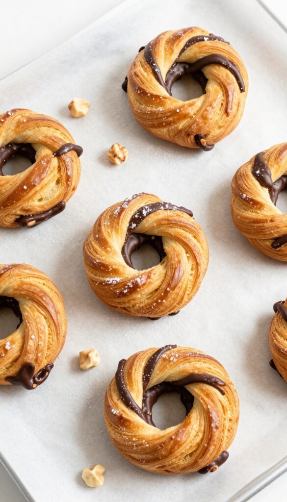Chocolate hazelnut puff pastry twists baked golden brown on a baking sheet