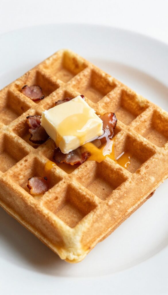 Loaded bacon and cheddar waffle with maple syrup drizzle on a white plate.