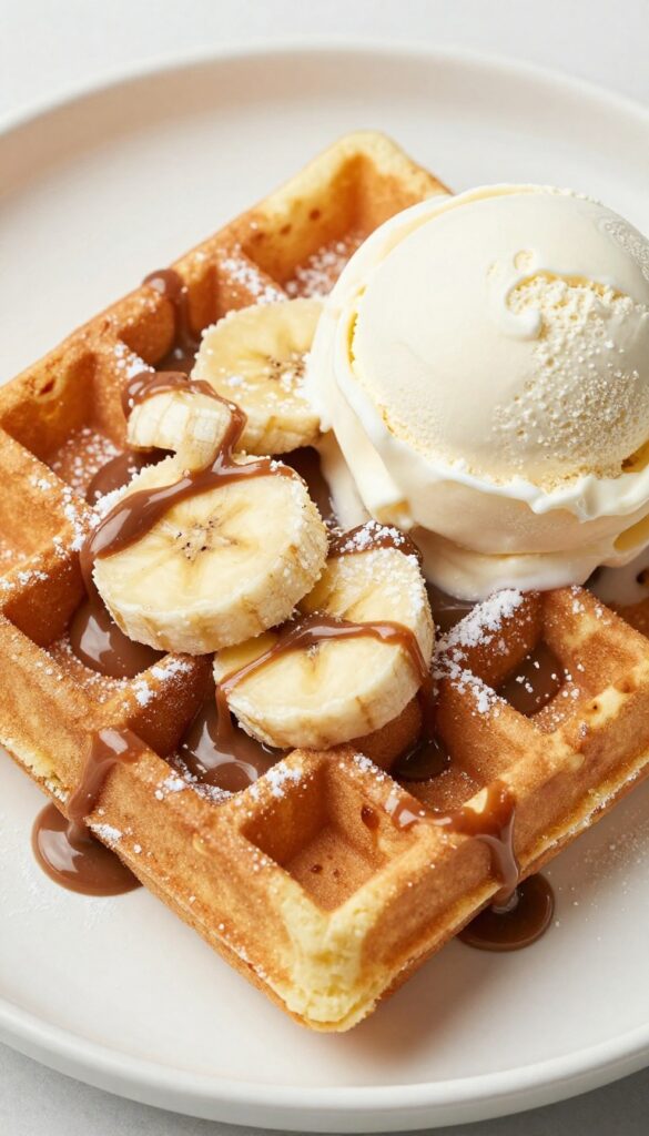 Banana Nutella stuffed waffle with powdered sugar and ice cream