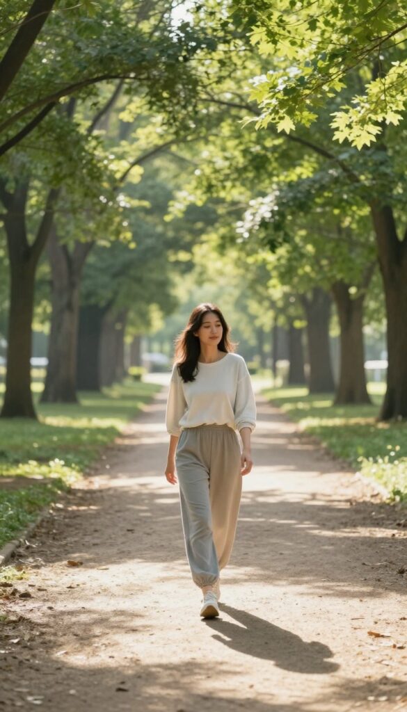 Woman walking on a sunlit path in a park during a peaceful morning walk
