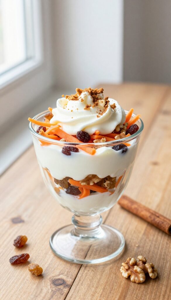 Carrot cake yogurt parfait in a glass, with layers of yogurt, carrots, walnuts, and cream cheese frosting, on a wooden table in natural light.