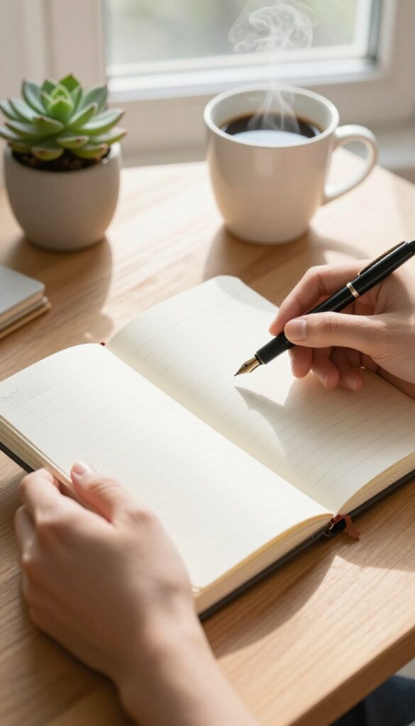 Person writing in a gratitude journal on a sunlit desk with coffee and plant
