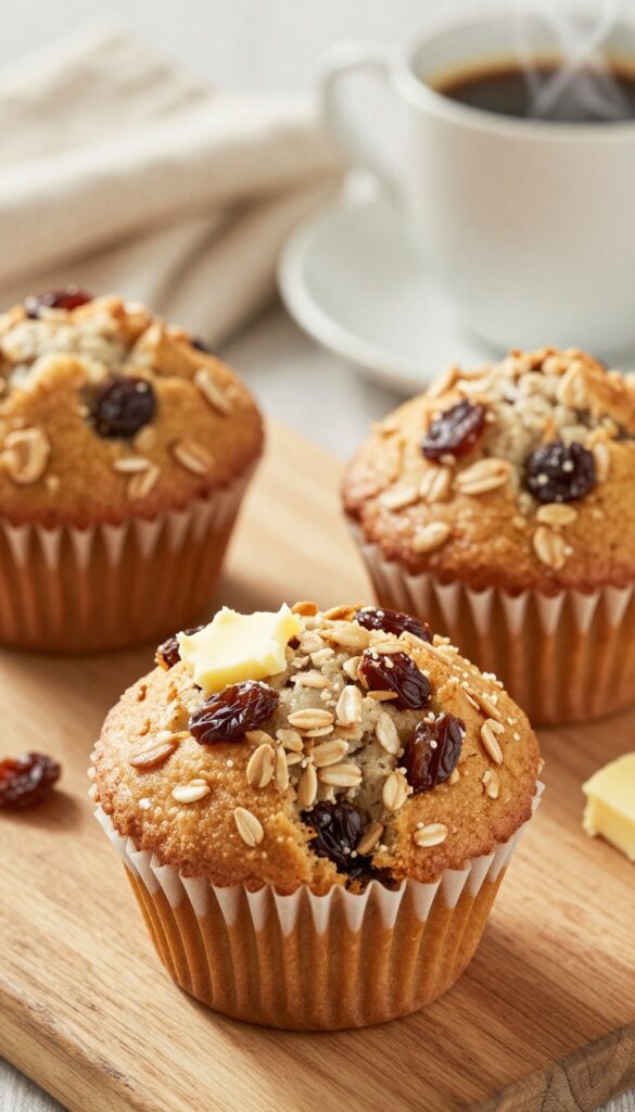 Freshly baked oatmeal raisin muffin split in half with melting butter on a wooden table