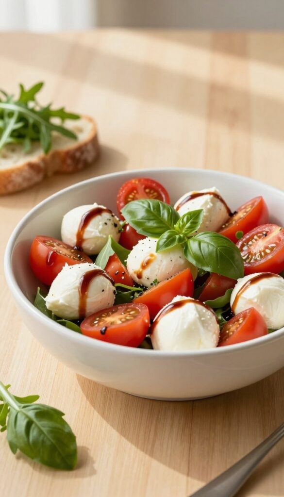 Caprese Breakfast Salad in a white bowl with cherry tomatoes, mozzarella, basil, and balsamic glaze on a wooden table with bread and arugula.