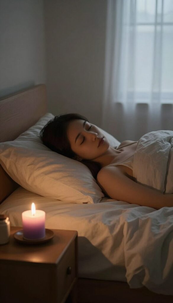 A calming nighttime ritual scene with dim lights and a lavender candle in a cozy bedroom