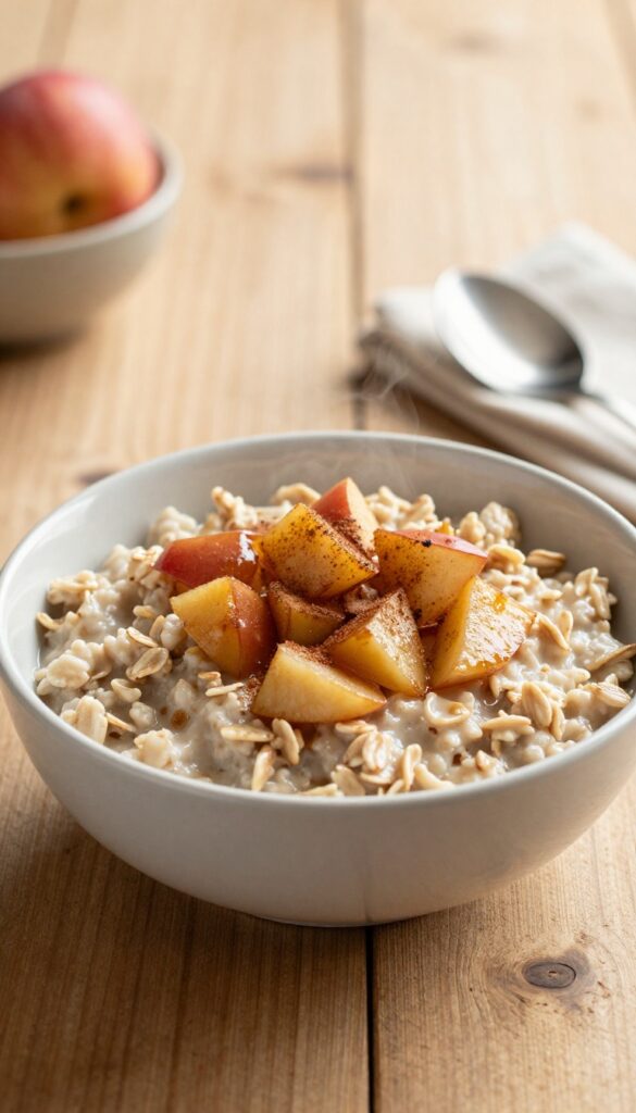 A bowl of cinnamon apple oatmeal with no added sugar, topped with diced apples and cinnamon, served on a wooden table.