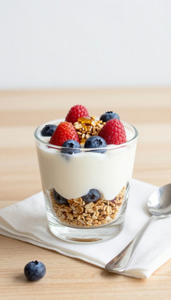 Greek yogurt parfait with berries and granola in a glass, served on a wooden table with a spoon and napkin.