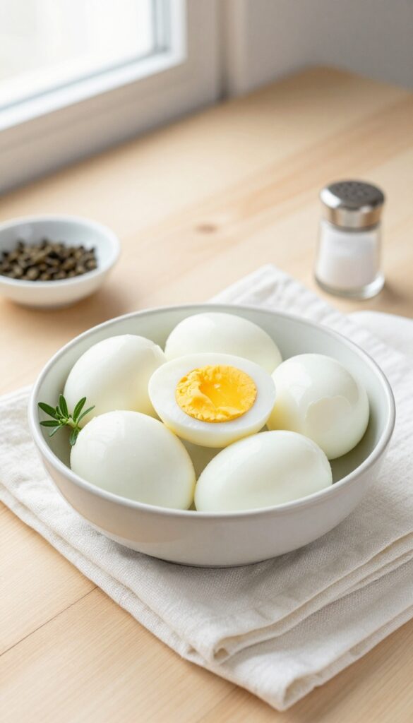 Hard-boiled eggs in a bowl with salt and pepper on a wooden table