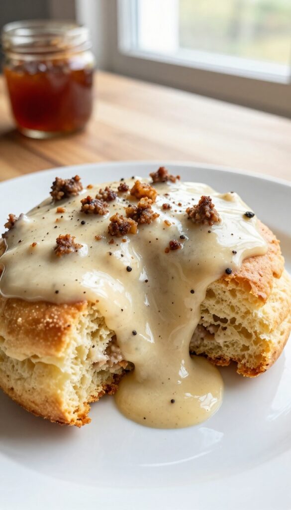 Flaky buttermilk biscuit topped with creamy sausage gravy and black pepper, served on a white plate with natural lighting.