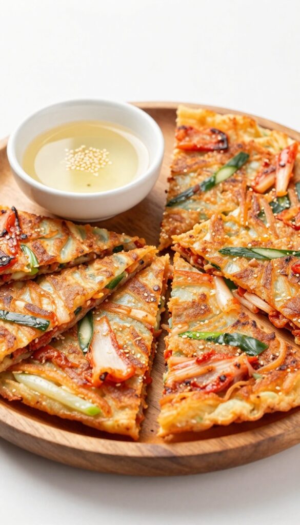 Crispy golden kimchi pancake wedges on a wooden plate with dipping sauce