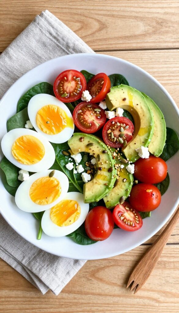 Low-carb breakfast salad with eggs, avocado, tomatoes, feta, and pumpkin seeds on a wooden table