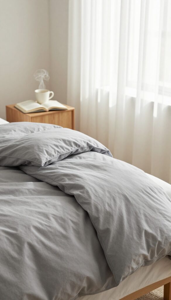 Cozy bedroom with weighted blanket on bed, soft natural light, tea and book on nightstand
