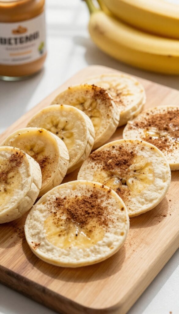 Peanut butter and banana sushi pinwheels on a wooden board, with cinnamon dusting and ingredients in the background.