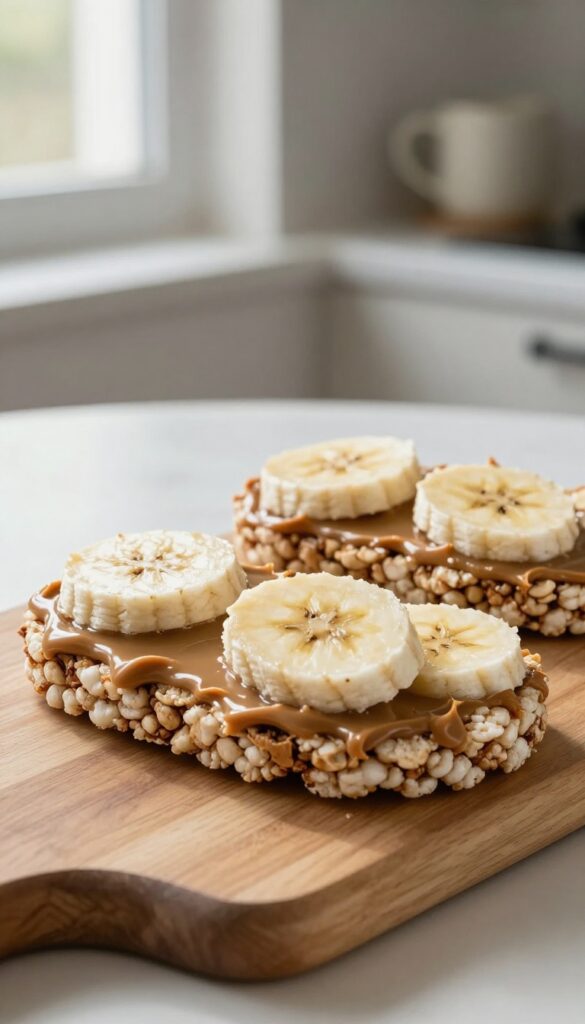 Two brown rice cakes with almond butter and banana slices on a wooden board