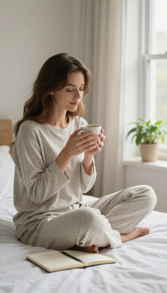 Woman sitting on bed in morning light, holding coffee and setting a weekly intention