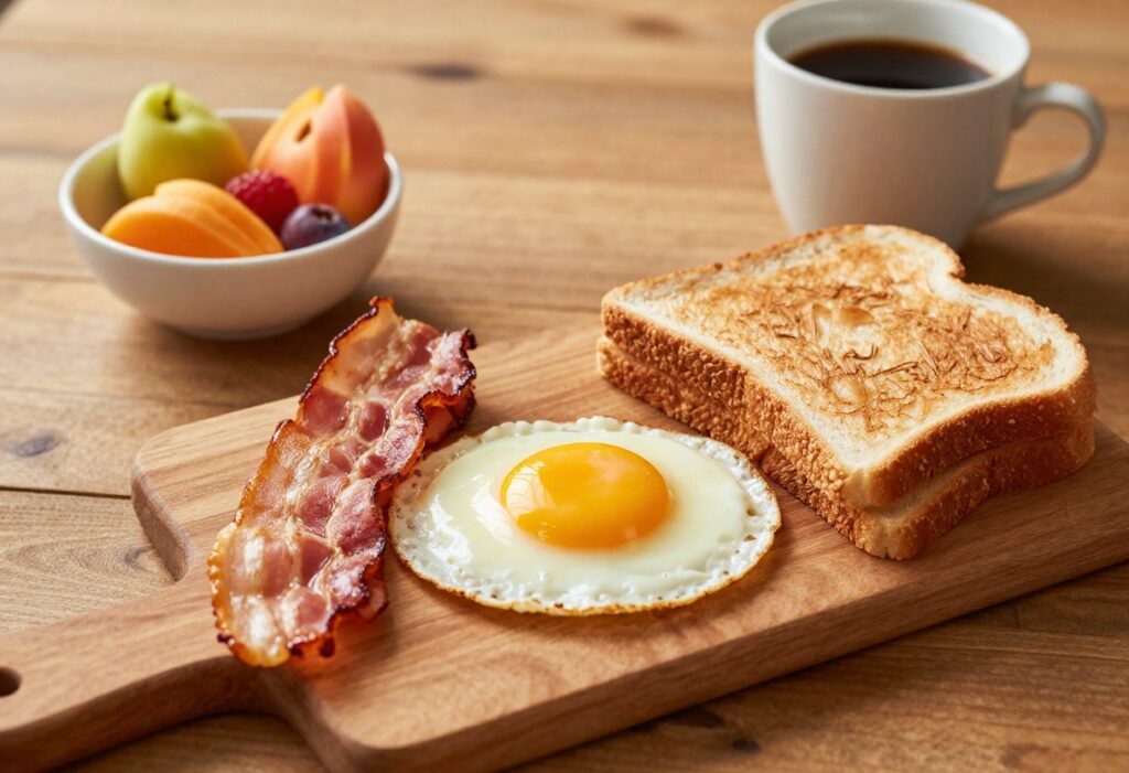 A breakfast plate with crispy bacon, eggs, and toast on a wooden table with coffee.
