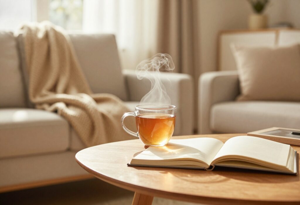 Cozy Sunday reset scene with tea and journal on a wooden table