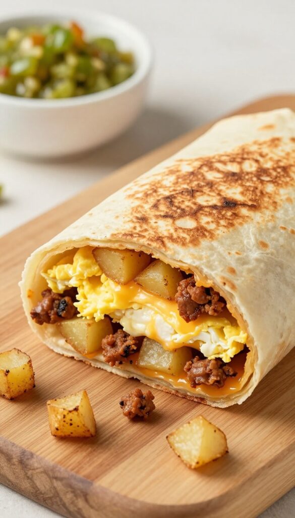 Halved breakfast burrito with potato, chorizo, eggs, and cheese on a wooden board with salsa