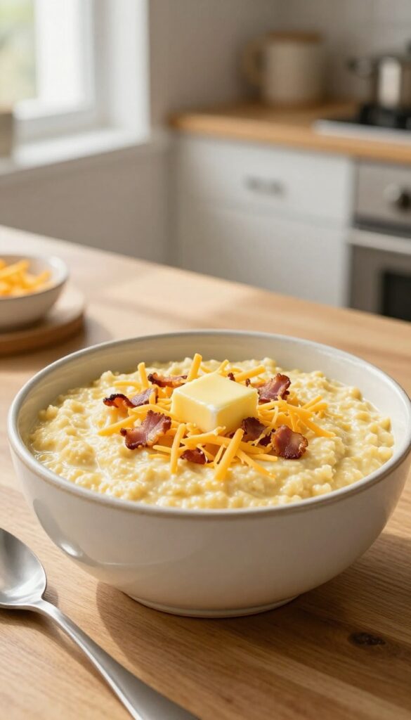 A bowl of creamy instant grits topped with melted cheddar cheese and crispy bacon bits, with a pat of butter melting on top, on a wooden table in natural light.