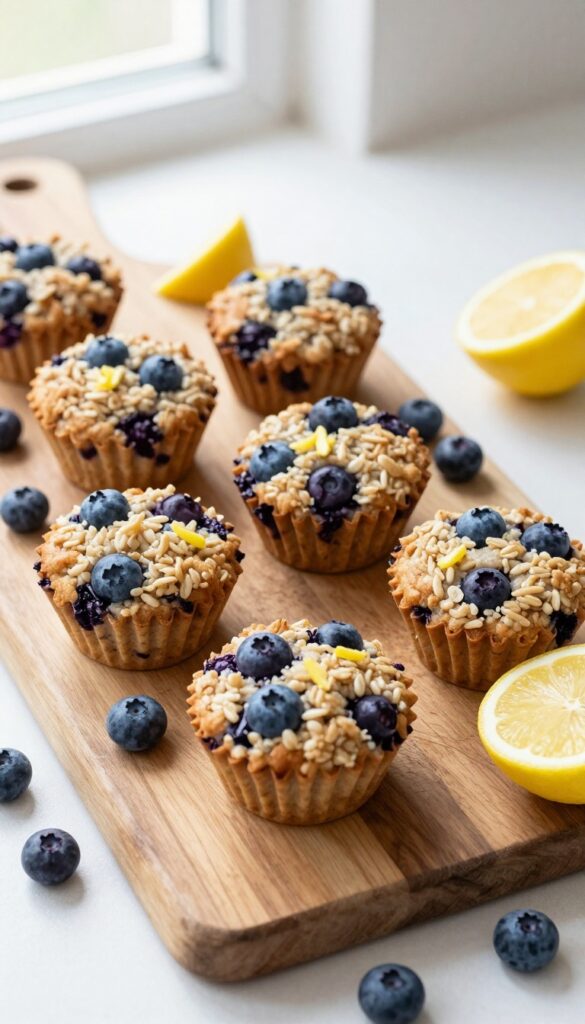 Baked blueberry lemon oatmeal cups on a wooden board with blueberries and lemon.