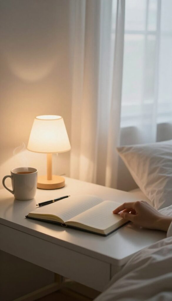 A person writing in a gratitude journal on a nightstand in a cozy bedroom at dusk.