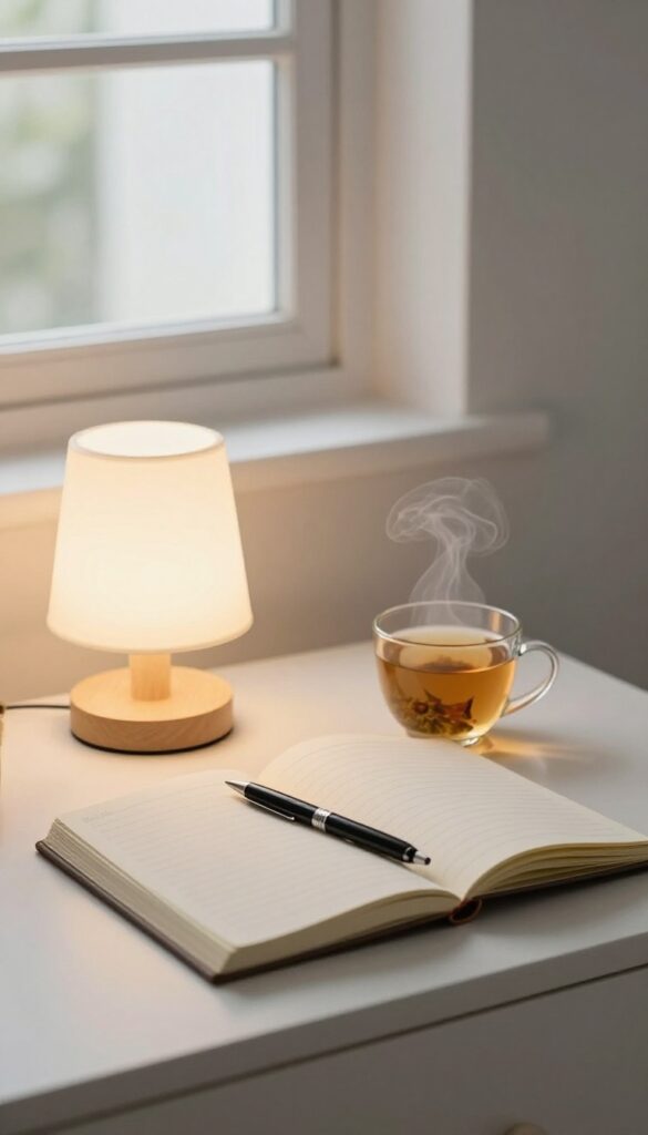 A cozy bedroom scene at night with an open journal and pen on a nightstand, a warm lamp, and a cup of tea, evoking a peaceful gratitude practice before sleep.