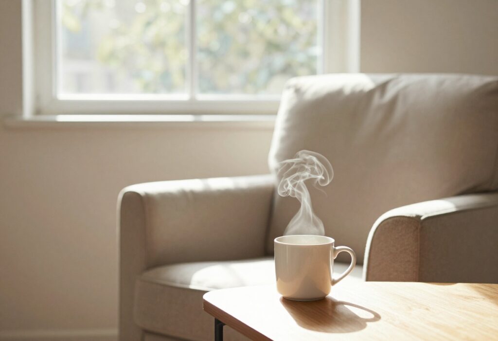 Cozy self-care scene with a mug of tea in a sunlit room