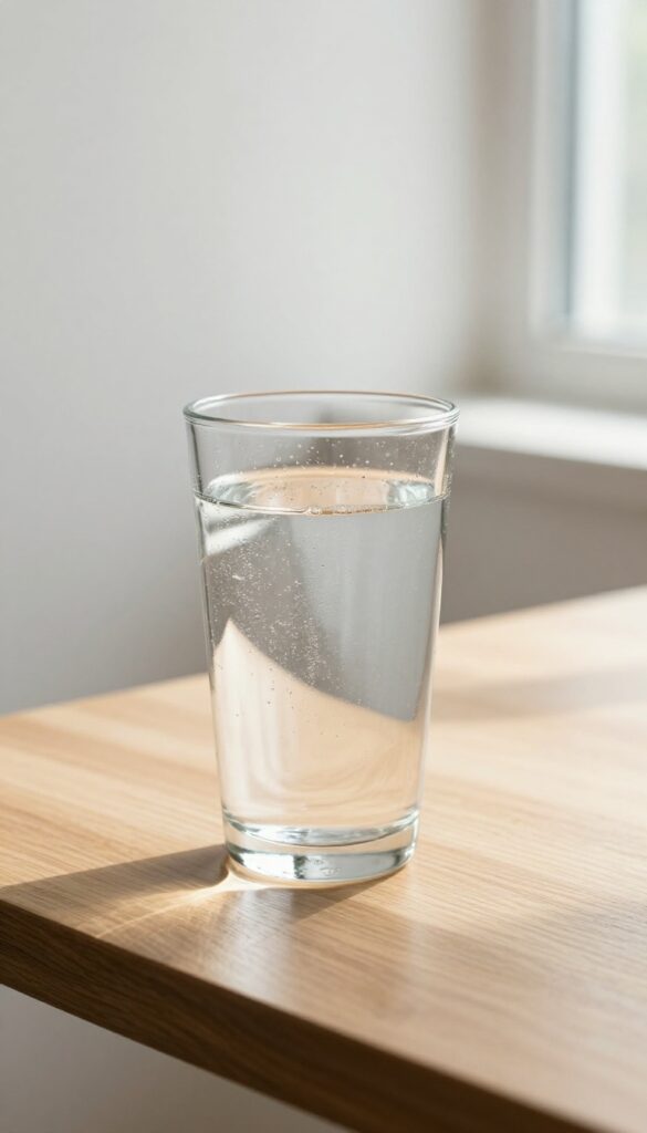 A glass of water on a wooden table in natural light, representing mindful hydration for self-care.