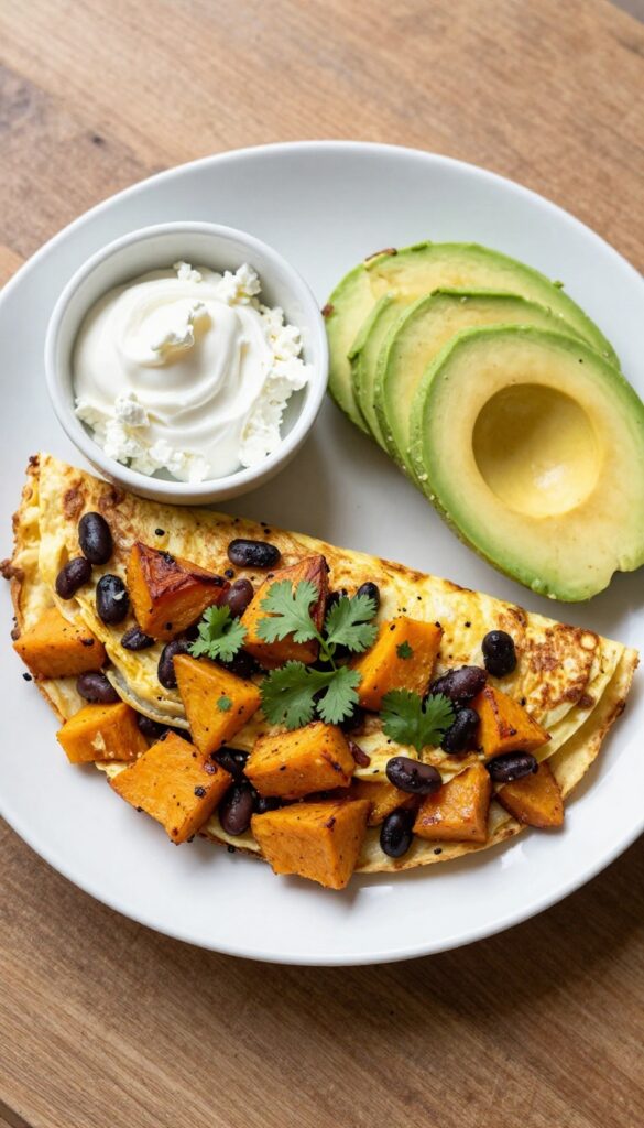 Sweet potato and black bean omelet on a plate with avocado and queso fresco