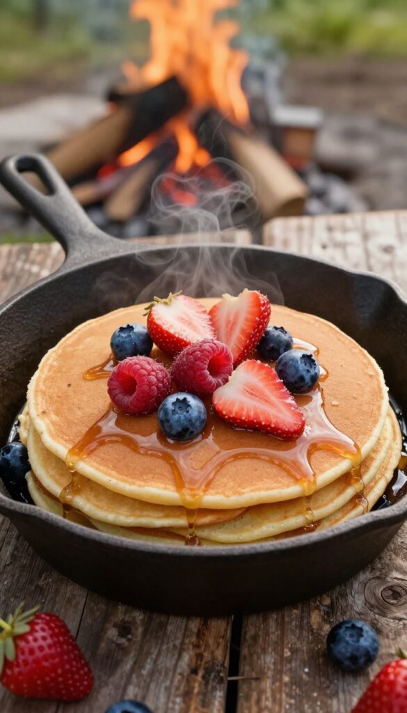 Cast iron skillet pancake with berries and maple syrup by a campfire